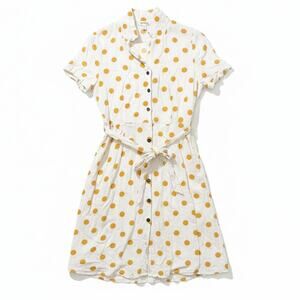 Monteau Yellow Polka Dot Belted Button Linen Blend Short Sleeve Dress Size L